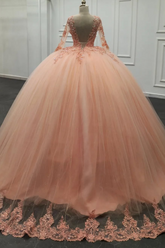 Ball Gown V Neck Long Sleeves 3D Flower Appliques Beaded Pink Tulle Evening Party Gown Quinceanera Dress For Sweet 16